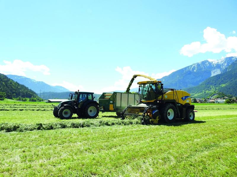 Gelber Feldhäcksler erntet Gras, daneben ein Traktor mit Häckselwagen vor Bündner Bergen