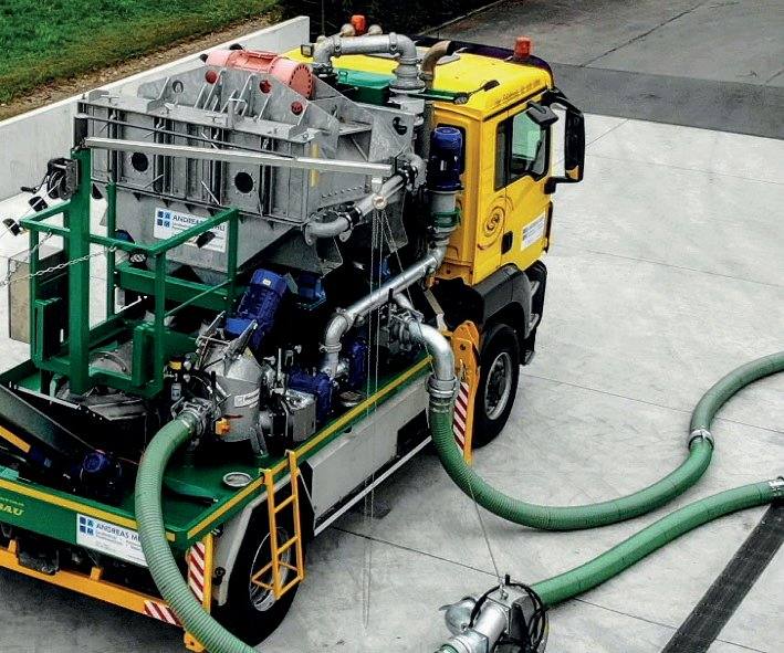 Gelber Lastwagen mit dem Separator von oben, daneben grüne Schläuche